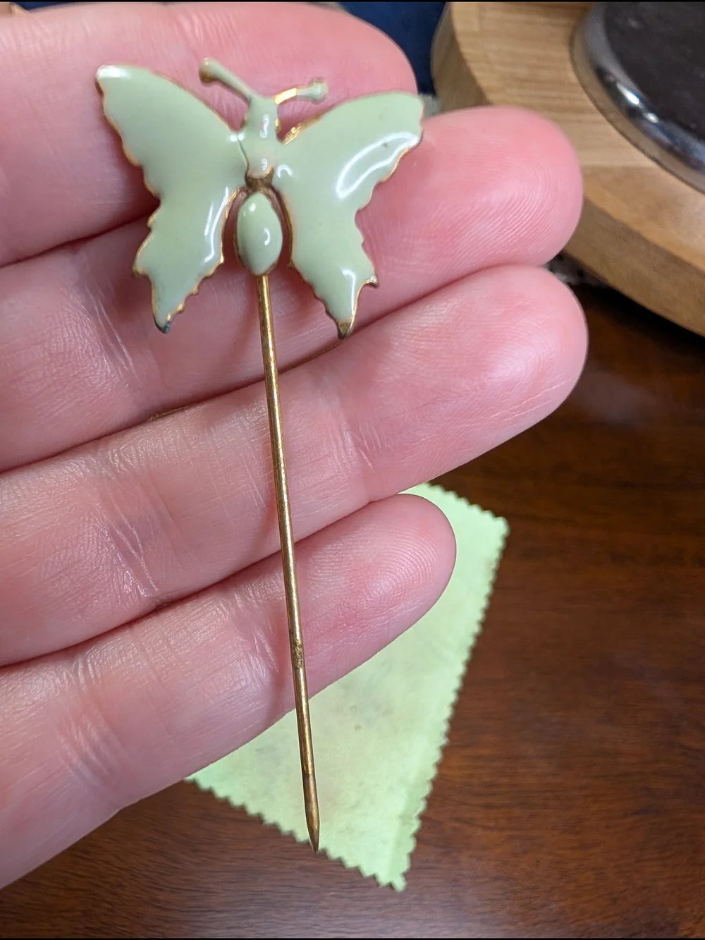 Vintage Miriam Haskell Gold Butterfly Stick Pin Mint Green Enamel